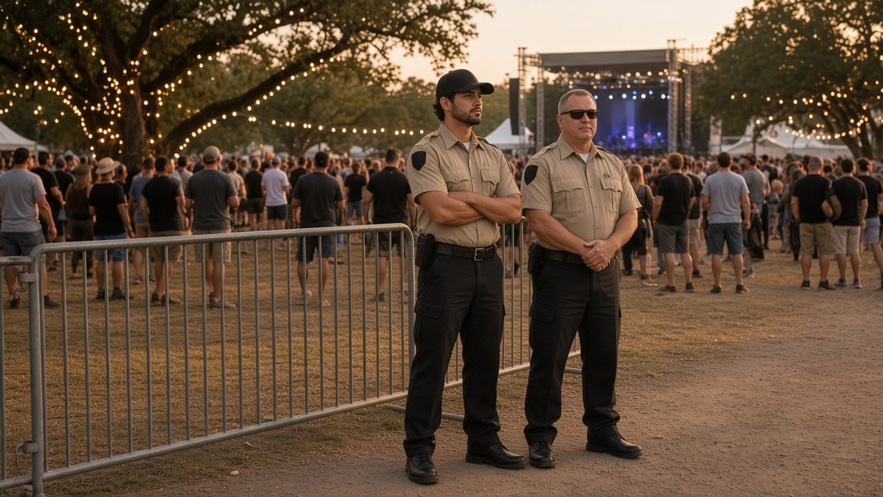 Security officers in tan shirts and black caps watching the crowd at an outdoor concert (AI illustration)